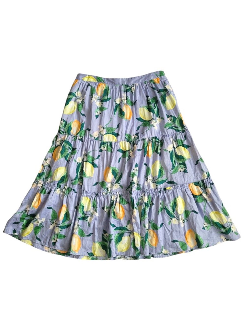 Ann Taylor Lemon Print Tiered Midi Skirt Size 6 Cotton Floral Periwinkle Yellow